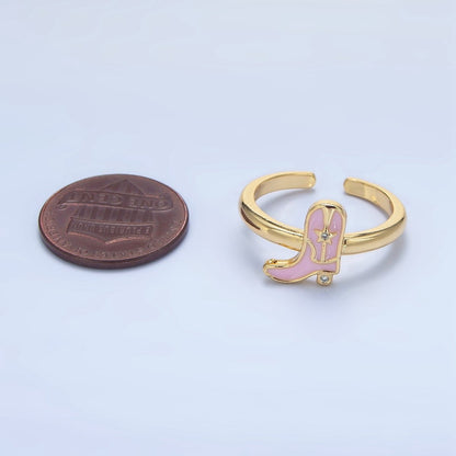 24K Gold Filled CZ Pink Enamel Cowboy Boots Ring | O979