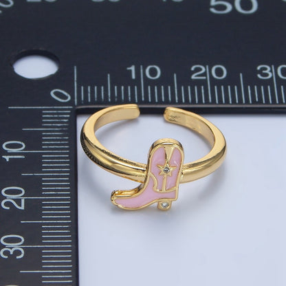 24K Gold Filled CZ Pink Enamel Cowboy Boots Ring | O979