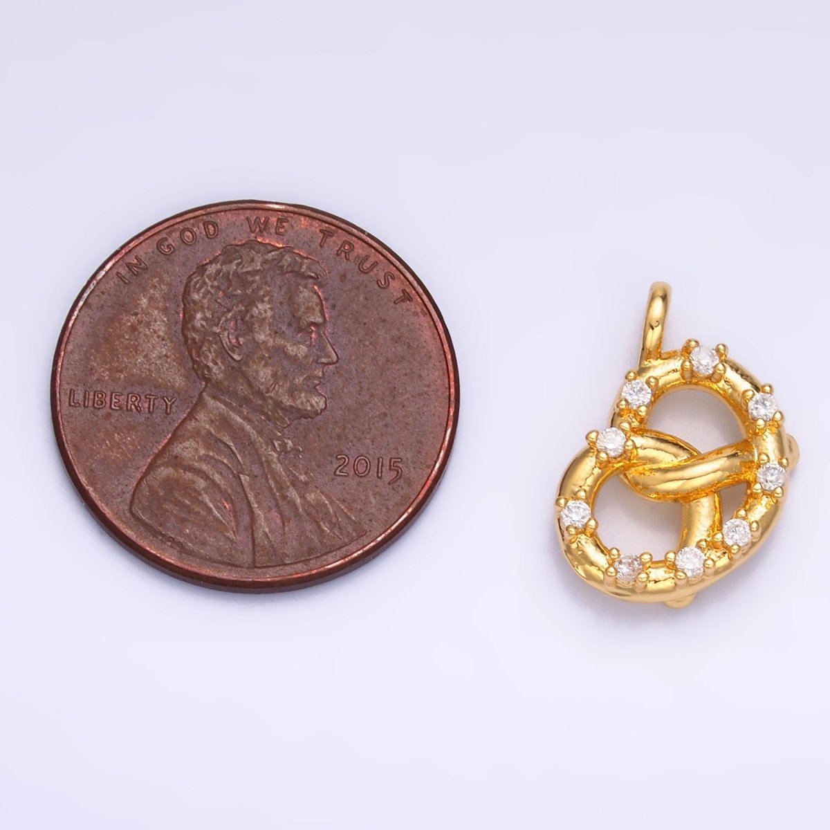 24K Gold Filled CZ Pretzel Pastry Food Charm in Gold &amp; Silver | W340