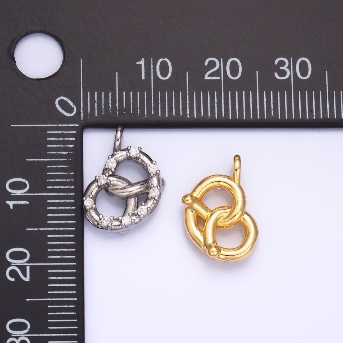 24K Gold Filled CZ Pretzel Pastry Food Charm in Gold &amp; Silver | W340