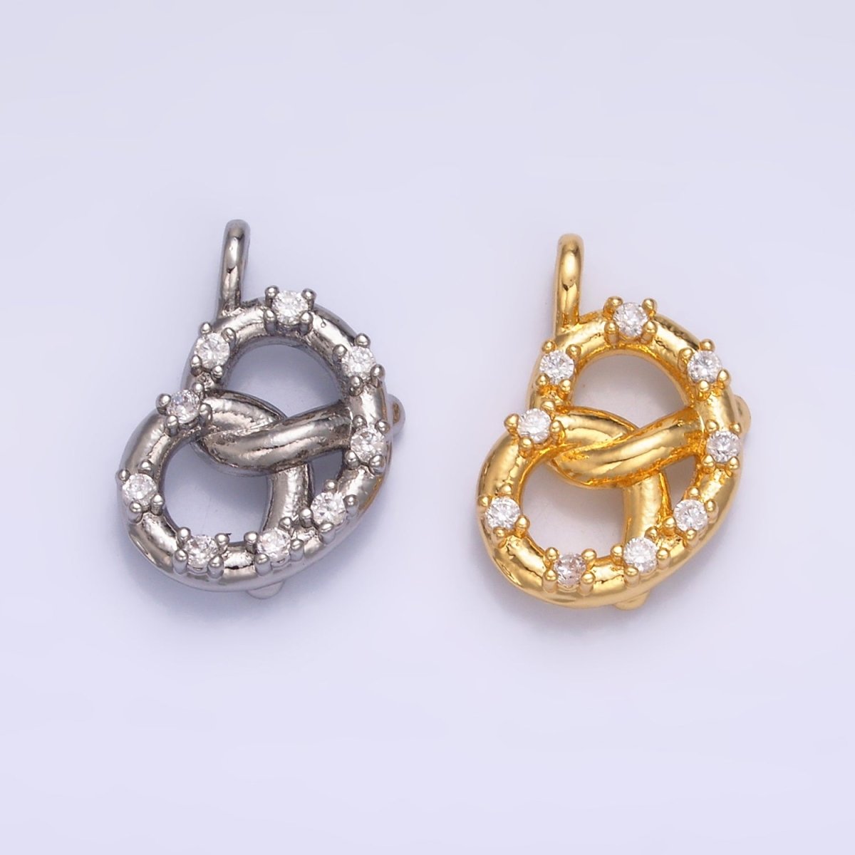 24K Gold Filled CZ Pretzel Pastry Food Charm in Gold &amp; Silver | W340