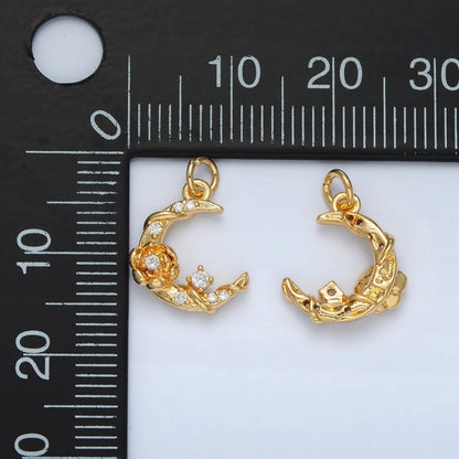 24K Gold Filled CZ Rose Flower Crescent Moon Celestial Charm | AC143