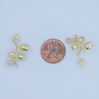 24K Gold Filled CZ Rose Flower Stud Drop Earrings | Z1132