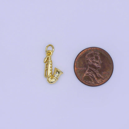 24K Gold Filled CZ Saxophone Jazz Musical Instrument Multidimensional 3D Charm | AJ315