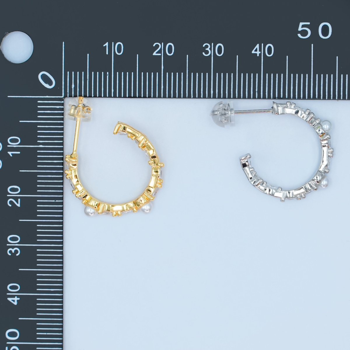 24K Gold Filled 20mm CZ Shell Pearl C-Shape Hoop Earrings in Gold &amp; Silver | AB1467 AB1468