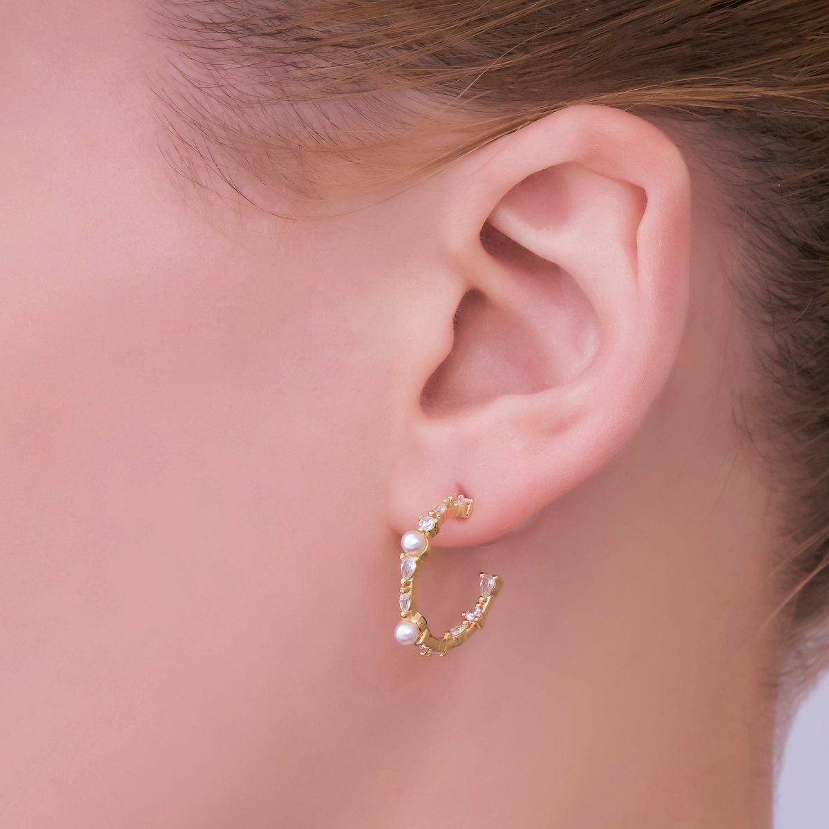 24K Gold Filled 20mm CZ Shell Pearl C-Shape Hoop Earrings in Gold &amp; Silver | AB1467 AB1468