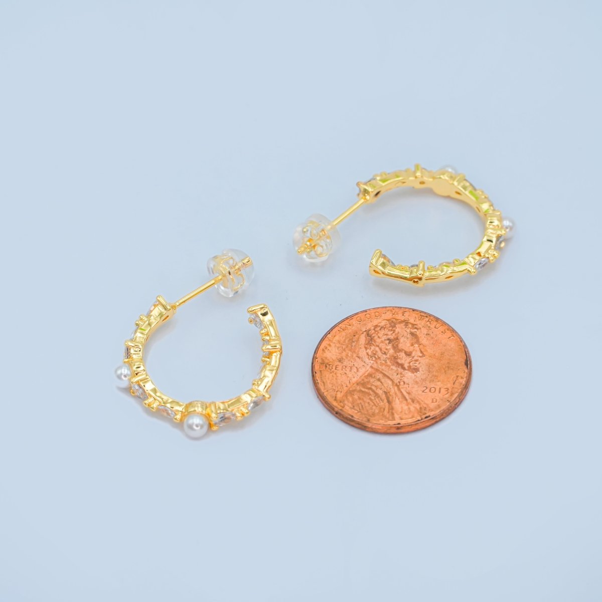 24K Gold Filled 20mm CZ Shell Pearl C-Shape Hoop Earrings in Gold &amp; Silver | AB1467 AB1468