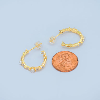 24K Gold Filled 20mm CZ Shell Pearl C-Shape Hoop Earrings in Gold &amp; Silver | AB1467 AB1468