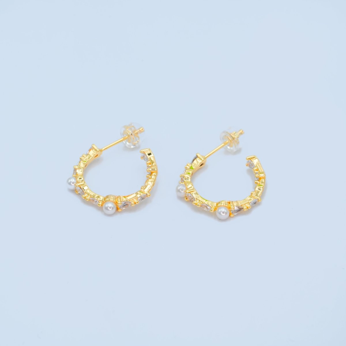 24K Gold Filled 20mm CZ Shell Pearl C-Shape Hoop Earrings in Gold &amp; Silver | AB1467 AB1468