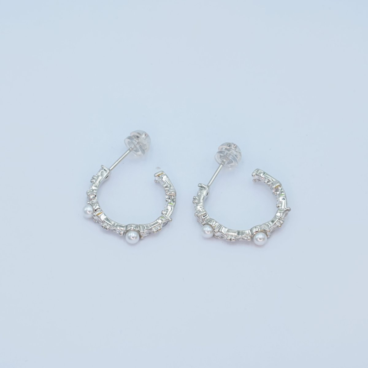 24K Gold Filled 20mm CZ Shell Pearl C-Shape Hoop Earrings in Gold &amp; Silver | AB1467 AB1468