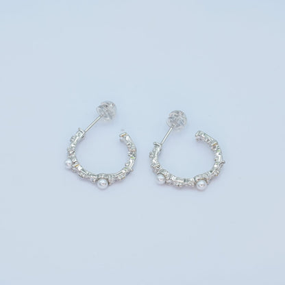 24K Gold Filled 20mm CZ Shell Pearl C-Shape Hoop Earrings in Gold &amp; Silver | AB1467 AB1468