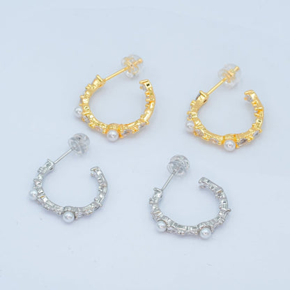24K Gold Filled 20mm CZ Shell Pearl C-Shape Hoop Earrings in Gold &amp; Silver | AB1467 AB1468