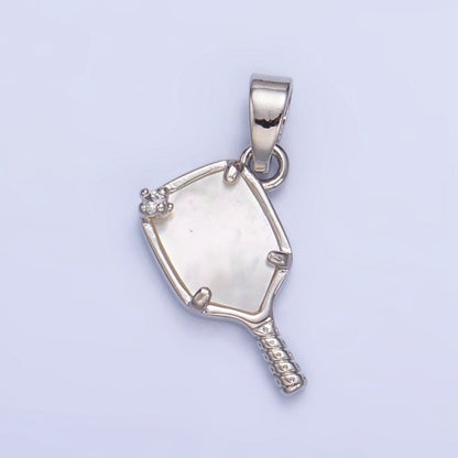24K Gold Filled CZ Shell Pearl Pickle Ball Racket Pendant in Gold &amp; Silver | AA1017