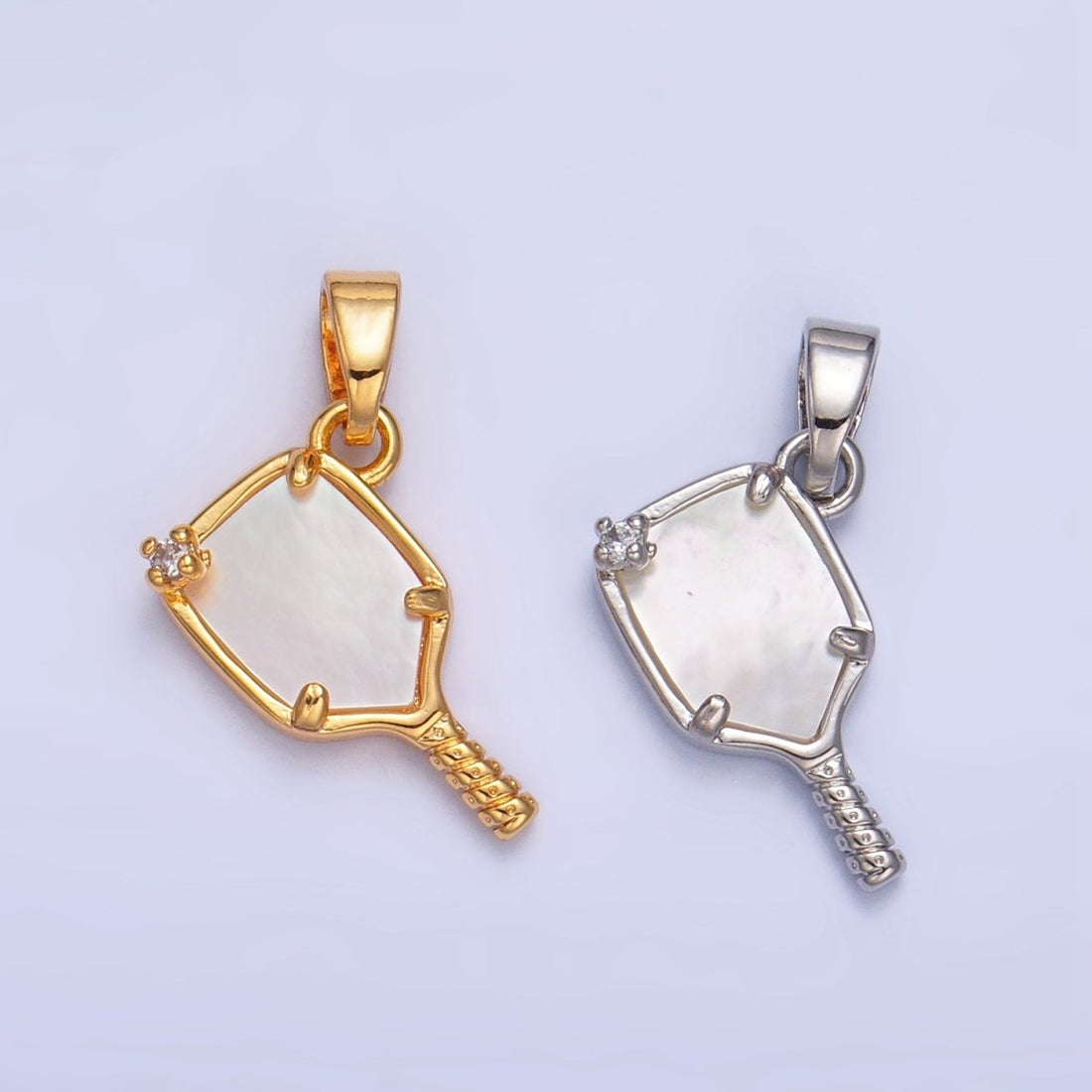 24K Gold Filled CZ Shell Pearl Pickle Ball Racket Pendant in Gold &amp; Silver | AA1017