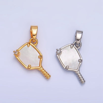 24K Gold Filled CZ Shell Pearl Pickle Ball Racket Pendant in Gold &amp; Silver | AA1017