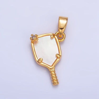 24K Gold Filled CZ Shell Pearl Pickle Ball Racket Pendant in Gold &amp; Silver | AA1017