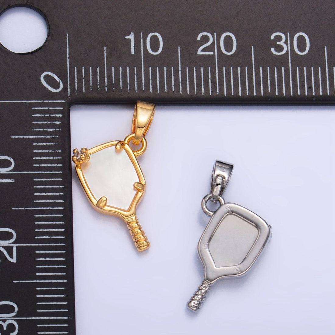 24K Gold Filled CZ Shell Pearl Pickle Ball Racket Pendant in Gold &amp; Silver | AA1017