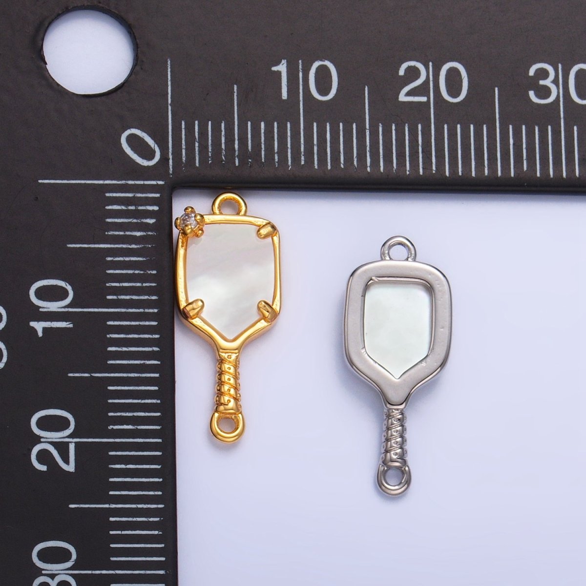 24K Gold Filled CZ Shell Pearl Pickle Ball Racket Pendant in Gold &amp; Silver | F730