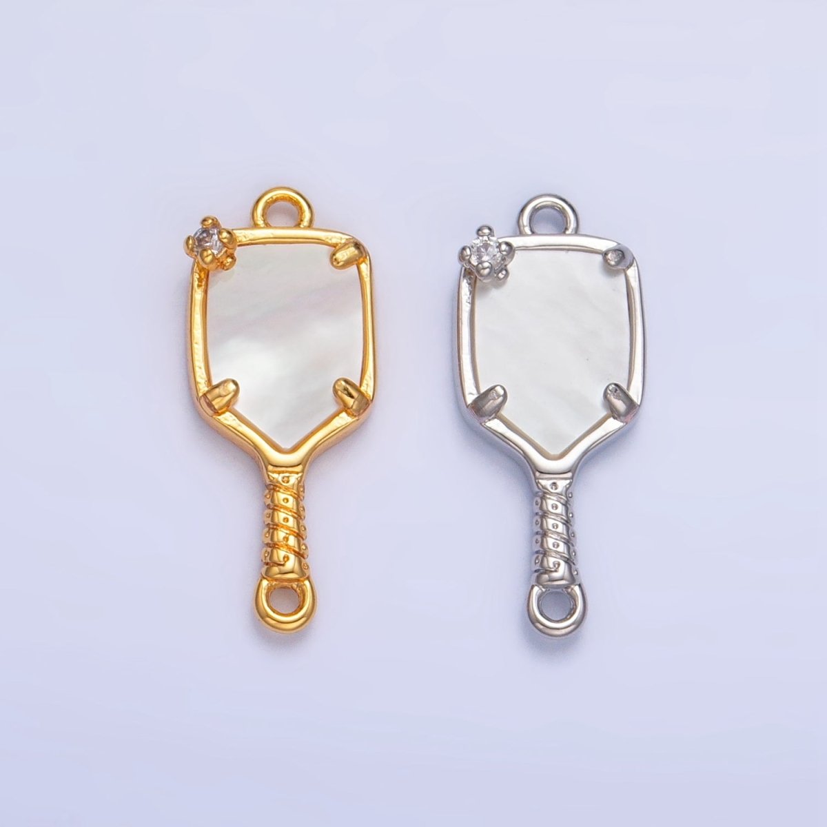 24K Gold Filled CZ Shell Pearl Pickle Ball Racket Pendant in Gold &amp; Silver | F730