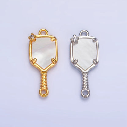 24K Gold Filled CZ Shell Pearl Pickle Ball Racket Pendant in Gold &amp; Silver | F730