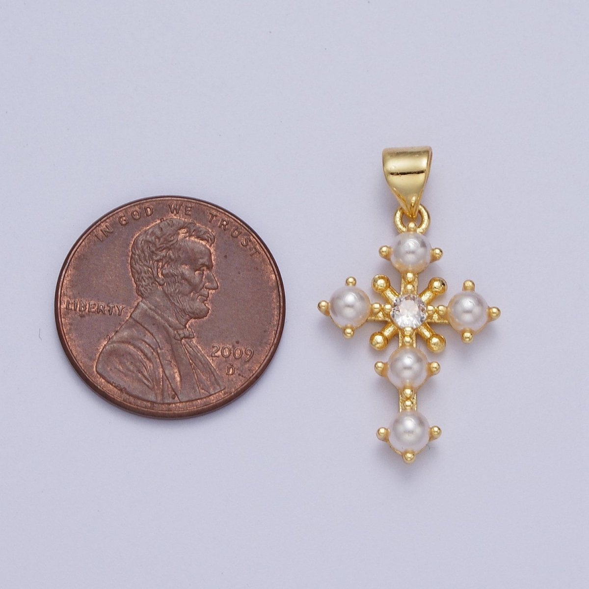 24K Gold Filled CZ Shell Pearl Religious Cross Pendant | H663