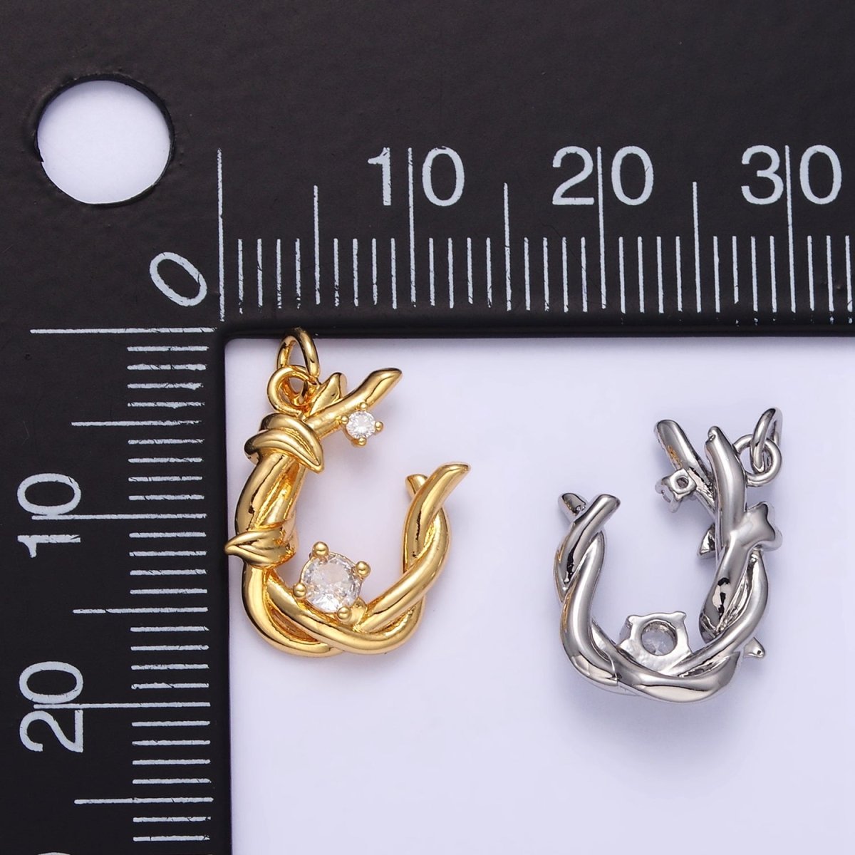 24K Gold Filled CZ U-Shaped Nature Leaf Horseshoe Charm in Gold &amp; Silver | AG846