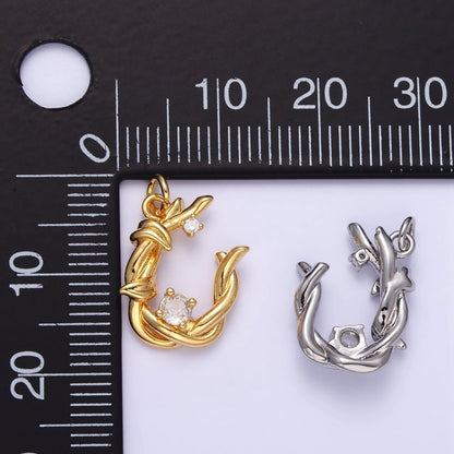24K Gold Filled CZ U-Shaped Nature Leaf Horseshoe Charm in Gold &amp; Silver | AG846