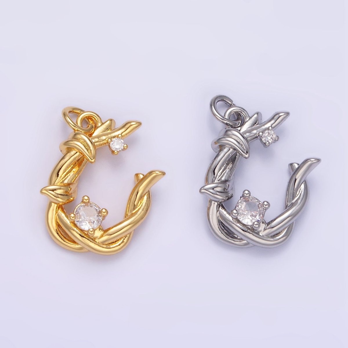 24K Gold Filled CZ U-Shaped Nature Leaf Horseshoe Charm in Gold &amp; Silver | AG846