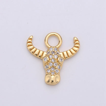 Silver Dainty Bull Head Charm with Micro Pave Cubic Zirconia CZ Stone for Cow Animal Necklace or Bracelet Component C-935,C-936