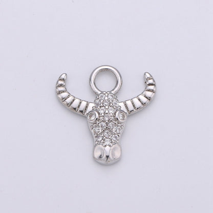 Silver Dainty Bull Head Charm with Micro Pave Cubic Zirconia CZ Stone for Cow Animal Necklace or Bracelet Component C-935,C-936