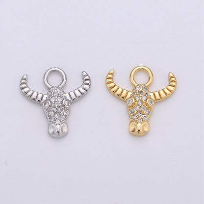 Silver Dainty Bull Head Charm with Micro Pave Cubic Zirconia CZ Stone for Cow Animal Necklace or Bracelet Component C-935,C-936