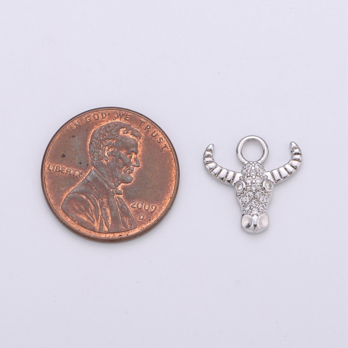 Silver Dainty Bull Head Charm with Micro Pave Cubic Zirconia CZ Stone for Cow Animal Necklace or Bracelet Component C-935,C-936