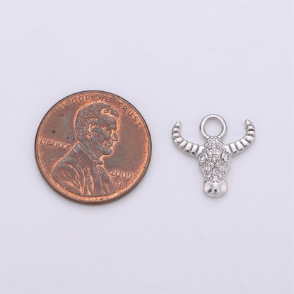 Silver Dainty Bull Head Charm with Micro Pave Cubic Zirconia CZ Stone for Cow Animal Necklace or Bracelet Component C-935,C-936