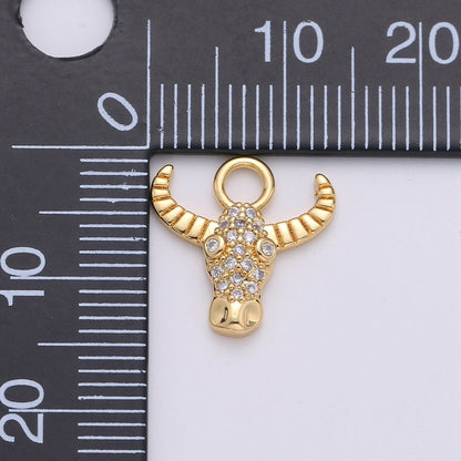 Silver Dainty Bull Head Charm with Micro Pave Cubic Zirconia CZ Stone for Cow Animal Necklace or Bracelet Component C-935,C-936