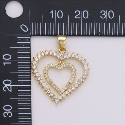 24K Gold Filled Dainty Dangle Twin Heart Pendant with Micro Pave Cubic Zirconia CZ Stone for Family Lover Necklace or Bracelet I-594