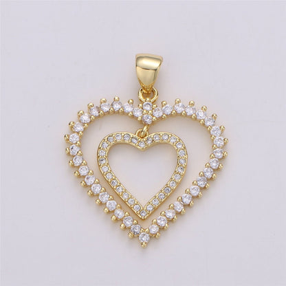 24K Gold Filled Dainty Dangle Twin Heart Pendant with Micro Pave Cubic Zirconia CZ Stone for Family Lover Necklace or Bracelet I-594