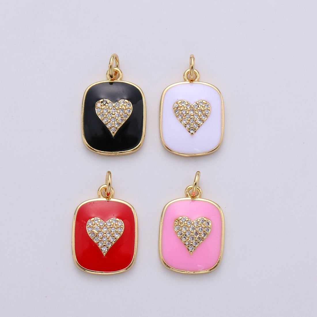 24K Gold Filled Dainty Heart Enamel Charm in Black, White, Red or Pink with Micro Pave Cubic Zirconia CZ Stone for Necklace or Bracelet |OLD- C-866, C-867
