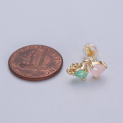 24K Gold Filled Dainty Pink CZ Heart with Green CZ Elephant Stud Earrings P-429