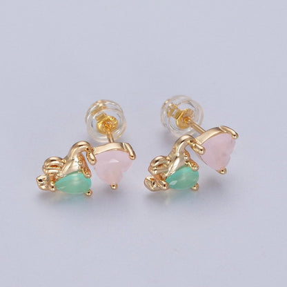 24K Gold Filled Dainty Pink CZ Heart with Green CZ Elephant Stud Earrings P-429