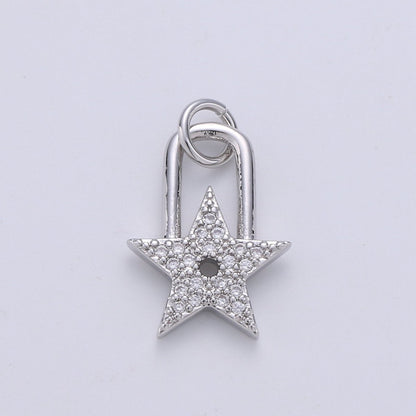 24K Gold Filled Dainty Star Padlock Charm with Micro Pave Cubic Zirconia CZ Stone for Celestial Lock Necklace or Bracelet D-001