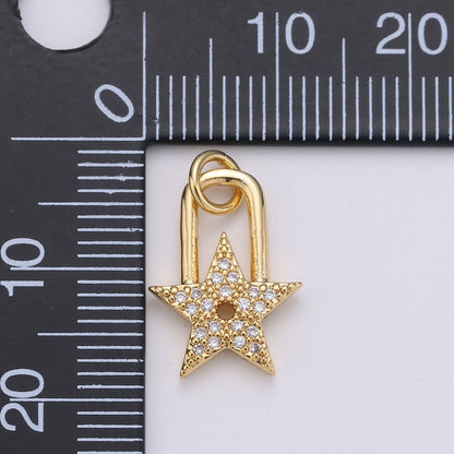 24K Gold Filled Dainty Star Padlock Charm with Micro Pave Cubic Zirconia CZ Stone for Celestial Lock Necklace or Bracelet D-001