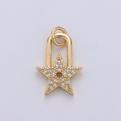 24K Gold Filled Dainty Star Padlock Charm with Micro Pave Cubic Zirconia CZ Stone for Celestial Lock Necklace or Bracelet D-001