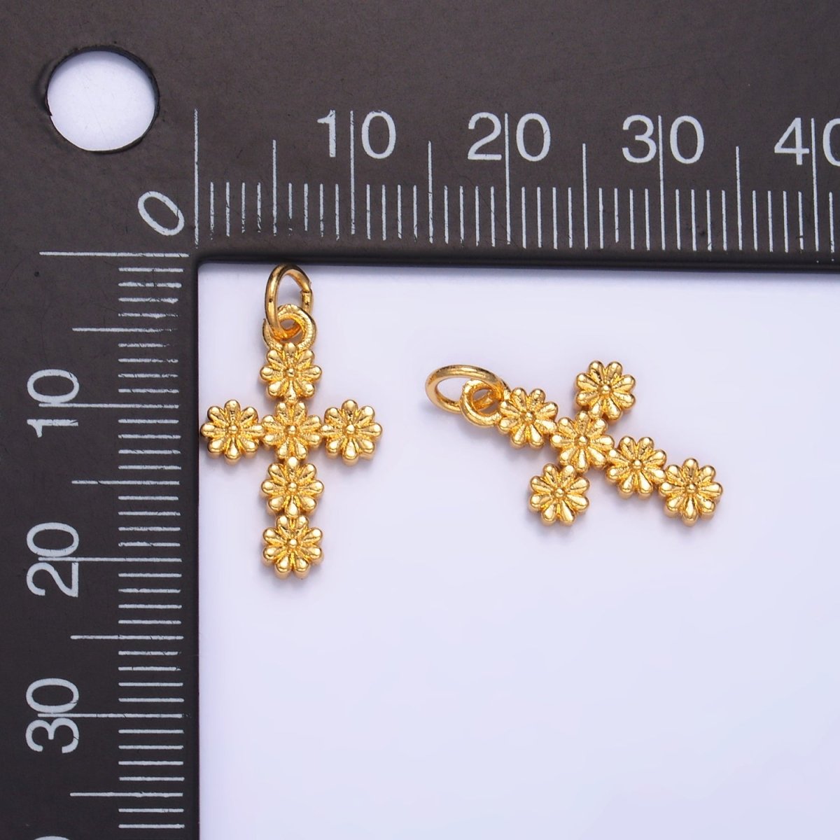 24K Gold Filled Daisy Flower Religious Cross Charm | W325