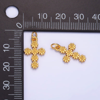 24K Gold Filled Daisy Flower Religious Cross Charm | W325