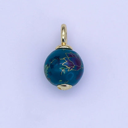 24K Gold Filled Dark Blue, Yellow, Light Blue, Pink Flower Round Ceramic Drop Pendant | C458 C478