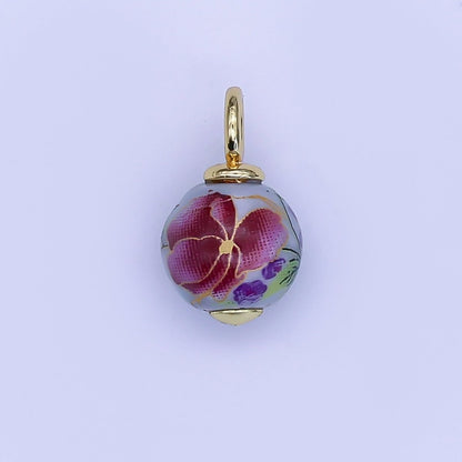 24K Gold Filled Dark Blue, Yellow, Light Blue, Pink Flower Round Ceramic Drop Pendant | C458 C478