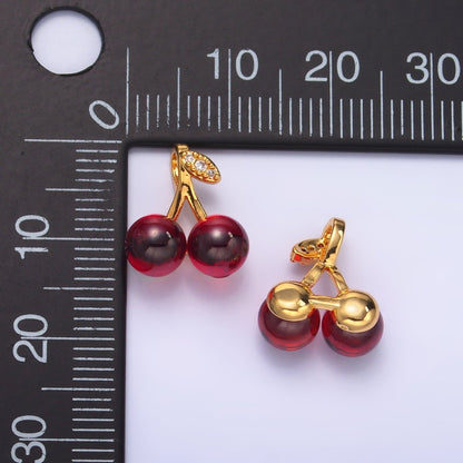 24K Gold Filled Dark Red Acrylic Micro Paved CZ Cherry Fruit Pendant | AA1439