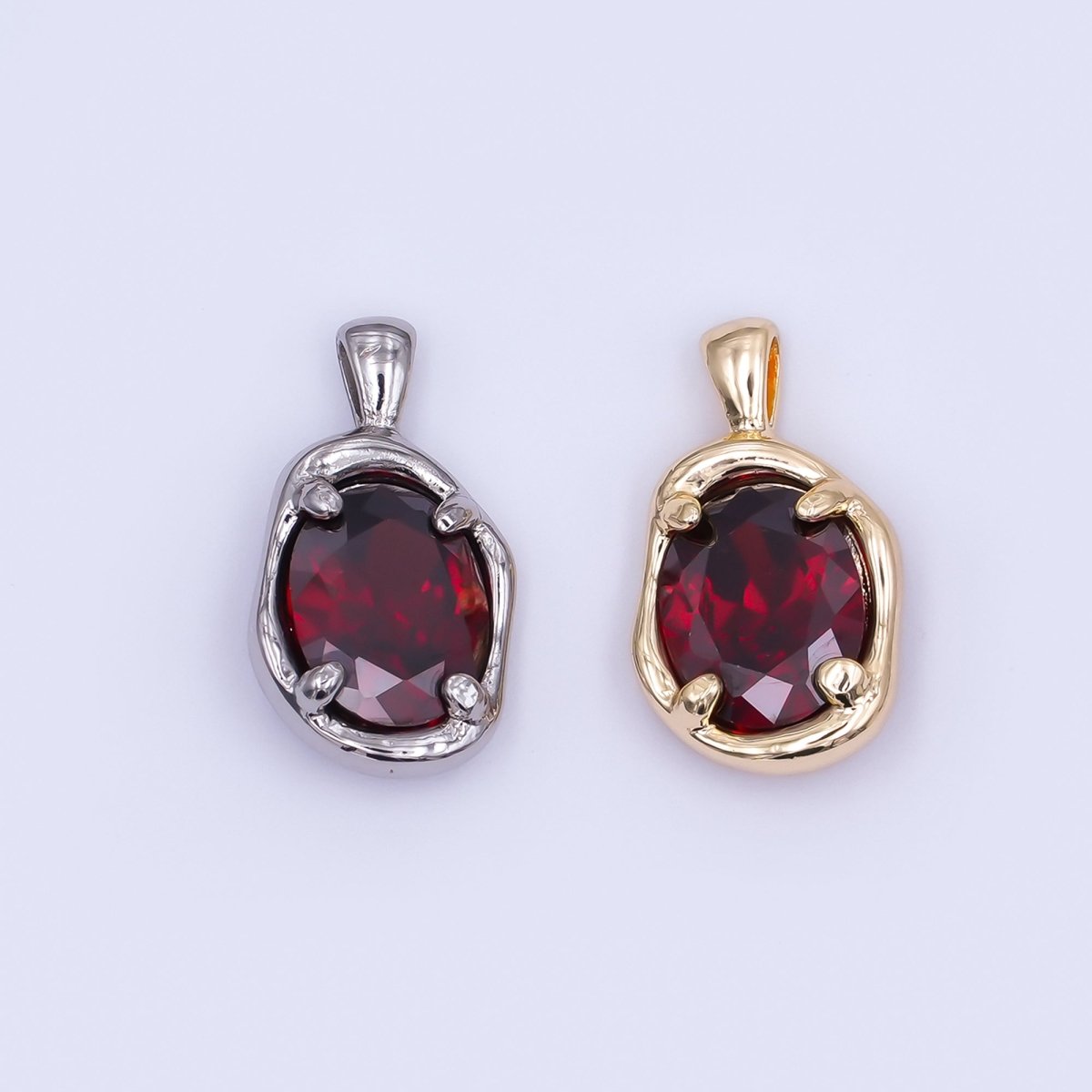 24K Gold Filled Dark Red CZ Molten Bezel Pendant in Gold &amp; Silver | AH456