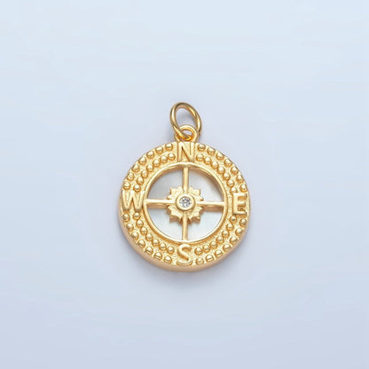 24K Gold Filled Dotted Compass Shell Pearl Round Medallion Charm N-384