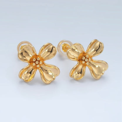 24k Gold Filled Dotted Curved Petal Flower Stud Earrings Findings Supply | Z-954